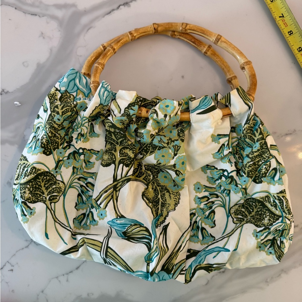 LOFT Ann Taylor EUC Floral Blue and Green Bag with Bamboo Handle - Picture 2 of 5
